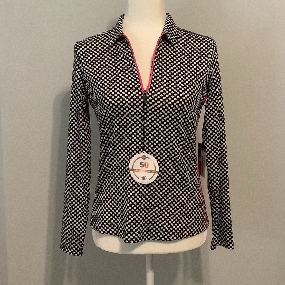 Tail White Label Quarter Zip LS Top, Black and White Polka Dot, Size XS, NWT